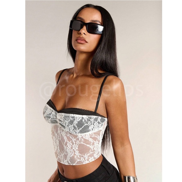 White Lace on Black Bra Crop Bustier Top Sheer - Picture 3 of 8